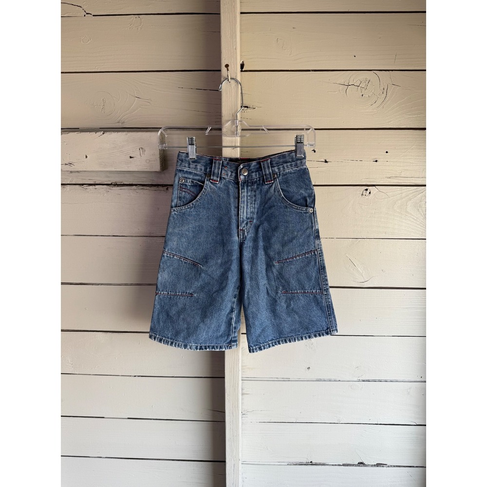 Vintage Lee Pipes Kids Denim Skater Shorts Blue Red Stitch Size 7R Y2K